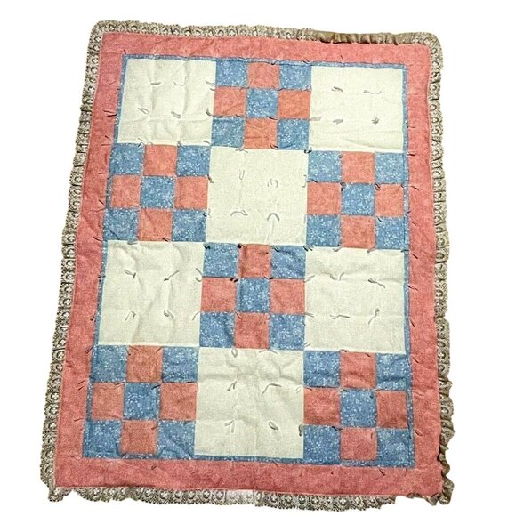 Vintage Handmade Patchwork Quilt With Lace Trim Pink Blue 45" X 35" Baby - Picture 1 of 7